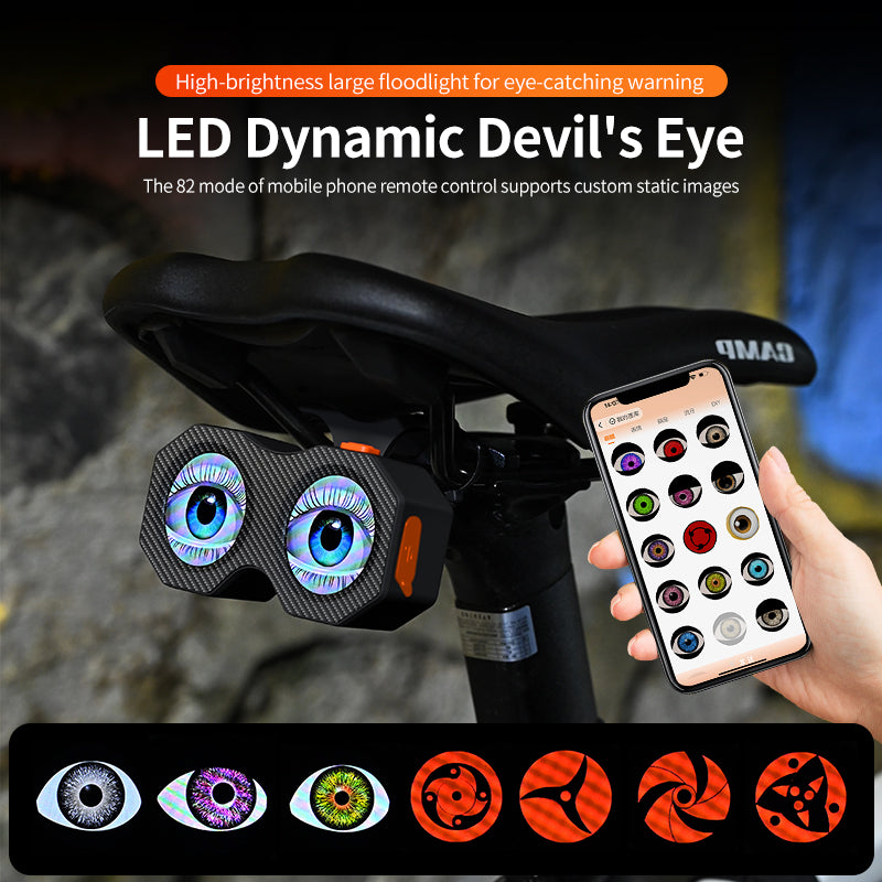 Demon Eyes Bike Tail Light, LED Dynamic Devil Eyes Light for Bicycles, Mountain Bikes and Motorcycles, DIY Personalized Light Display, Waterproof, USB Rechargeable